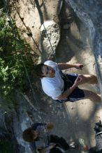 Me top roping Lick the Window (5.10c), shot by Javier Morales from the top of Ack! (5.11b, but using the crack for the start instead) that I top roped up with my camera on my back.  It was another long day of rock climbing at Seismic Wall on Austin's Barton Creek Greenbelt, Sunday, April 5, 2009.

Filename: SRM_20090405_17190668.jpg
Aperture: f/3.2
Shutter Speed: 1/400
Body: Canon EOS-1D Mark II
Lens: Canon EF 80-200mm f/2.8 L