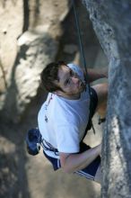 Me top roping Lick the Window (5.10c), shot by Javier Morales from the top of Ack! (5.11b, but using the crack for the start instead) that I top roped up with my camera on my back.  It was another long day of rock climbing at Seismic Wall on Austin's Barton Creek Greenbelt, Sunday, April 5, 2009.

Filename: SRM_20090405_17202169.jpg
Aperture: f/3.2
Shutter Speed: 1/400
Body: Canon EOS-1D Mark II
Lens: Canon EF 80-200mm f/2.8 L