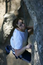 Me top roping Lick the Window (5.10c), shot by Javier Morales from the top of Ack! (5.11b, but using the crack for the start instead) that I top roped up with my camera on my back.  It was another long day of rock climbing at Seismic Wall on Austin's Barton Creek Greenbelt, Sunday, April 5, 2009.

Filename: SRM_20090405_17202170.jpg
Aperture: f/3.5
Shutter Speed: 1/400
Body: Canon EOS-1D Mark II
Lens: Canon EF 80-200mm f/2.8 L