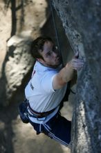 Me top roping Lick the Window (5.10c), shot by Javier Morales from the top of Ack! (5.11b, but using the crack for the start instead) that I top roped up with my camera on my back.  It was another long day of rock climbing at Seismic Wall on Austin's Barton Creek Greenbelt, Sunday, April 5, 2009.

Filename: SRM_20090405_17202277.jpg
Aperture: f/4.0
Shutter Speed: 1/400
Body: Canon EOS-1D Mark II
Lens: Canon EF 80-200mm f/2.8 L