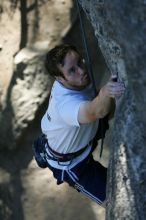 Me top roping Lick the Window (5.10c), shot by Javier Morales from the top of Ack! (5.11b, but using the crack for the start instead) that I top roped up with my camera on my back.  It was another long day of rock climbing at Seismic Wall on Austin's Barton Creek Greenbelt, Sunday, April 5, 2009.

Filename: SRM_20090405_17202379.jpg
Aperture: f/4.0
Shutter Speed: 1/400
Body: Canon EOS-1D Mark II
Lens: Canon EF 80-200mm f/2.8 L