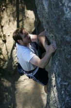 Me top roping Lick the Window (5.10c), shot by Javier Morales from the top of Ack! (5.11b, but using the crack for the start instead) that I top roped up with my camera on my back.  It was another long day of rock climbing at Seismic Wall on Austin's Barton Creek Greenbelt, Sunday, April 5, 2009.

Filename: SRM_20090405_17202994.jpg
Aperture: f/4.0
Shutter Speed: 1/400
Body: Canon EOS-1D Mark II
Lens: Canon EF 80-200mm f/2.8 L