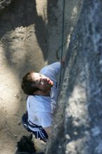 Me top roping Lick the Window (5.10c), shot by Javier Morales from the top of Ack! (5.11b, but using the crack for the start instead) that I top roped up with my camera on my back.  It was another long day of rock climbing at Seismic Wall on Austin's Barton Creek Greenbelt, Sunday, April 5, 2009.

Filename: SRM_20090405_17241017.jpg
Aperture: f/5.0
Shutter Speed: 1/320
Body: Canon EOS-1D Mark II
Lens: Canon EF 80-200mm f/2.8 L