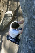 Me top roping Lick the Window (5.10c), shot by Javier Morales from the top of Ack! (5.11b, but using the crack for the start instead) that I top roped up with my camera on my back.  It was another long day of rock climbing at Seismic Wall on Austin's Barton Creek Greenbelt, Sunday, April 5, 2009.

Filename: SRM_20090405_17261145.jpg
Aperture: f/4.5
Shutter Speed: 1/320
Body: Canon EOS-1D Mark II
Lens: Canon EF 80-200mm f/2.8 L