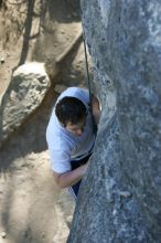 Me top roping Lick the Window (5.10c), shot by Javier Morales from the top of Ack! (5.11b, but using the crack for the start instead) that I top roped up with my camera on my back.  It was another long day of rock climbing at Seismic Wall on Austin's Barton Creek Greenbelt, Sunday, April 5, 2009.

Filename: SRM_20090405_17261852.jpg
Aperture: f/4.0
Shutter Speed: 1/320
Body: Canon EOS-1D Mark II
Lens: Canon EF 80-200mm f/2.8 L