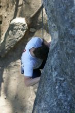 Me top roping Lick the Window (5.10c), shot by Javier Morales from the top of Ack! (5.11b, but using the crack for the start instead) that I top roped up with my camera on my back.  It was another long day of rock climbing at Seismic Wall on Austin's Barton Creek Greenbelt, Sunday, April 5, 2009.

Filename: SRM_20090405_17262460.jpg
Aperture: f/4.5
Shutter Speed: 1/320
Body: Canon EOS-1D Mark II
Lens: Canon EF 80-200mm f/2.8 L