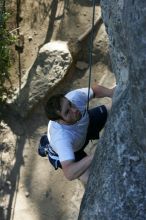 Me top roping Lick the Window (5.10c), shot by Javier Morales from the top of Ack! (5.11b, but using the crack for the start instead) that I top roped up with my camera on my back.  It was another long day of rock climbing at Seismic Wall on Austin's Barton Creek Greenbelt, Sunday, April 5, 2009.

Filename: SRM_20090405_17263062.jpg
Aperture: f/5.0
Shutter Speed: 1/320
Body: Canon EOS-1D Mark II
Lens: Canon EF 80-200mm f/2.8 L