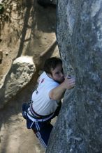 Me top roping Lick the Window (5.10c), shot by Javier Morales from the top of Ack! (5.11b, but using the crack for the start instead) that I top roped up with my camera on my back.  It was another long day of rock climbing at Seismic Wall on Austin's Barton Creek Greenbelt, Sunday, April 5, 2009.

Filename: SRM_20090405_17263273.jpg
Aperture: f/5.0
Shutter Speed: 1/320
Body: Canon EOS-1D Mark II
Lens: Canon EF 80-200mm f/2.8 L