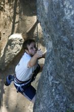 Me top roping Lick the Window (5.10c), shot by Javier Morales from the top of Ack! (5.11b, but using the crack for the start instead) that I top roped up with my camera on my back.  It was another long day of rock climbing at Seismic Wall on Austin's Barton Creek Greenbelt, Sunday, April 5, 2009.

Filename: SRM_20090405_17264980.jpg
Aperture: f/4.5
Shutter Speed: 1/320
Body: Canon EOS-1D Mark II
Lens: Canon EF 80-200mm f/2.8 L