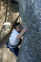 Me top roping Lick the Window (5.10c), shot by Javier Morales from the top of Ack! (5.11b, but using the crack for the start instead) that I top roped up with my camera on my back.  It was another long day of rock climbing at Seismic Wall on Austin's Barton Creek Greenbelt, Sunday, April 5, 2009.

Filename: SRM_20090405_17265085.jpg
Aperture: f/4.5
Shutter Speed: 1/320
Body: Canon EOS-1D Mark II
Lens: Canon EF 80-200mm f/2.8 L