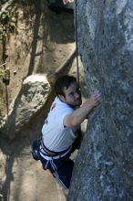 Me top roping Lick the Window (5.10c), shot by Javier Morales from the top of Ack! (5.11b, but using the crack for the start instead) that I top roped up with my camera on my back.  It was another long day of rock climbing at Seismic Wall on Austin's Barton Creek Greenbelt, Sunday, April 5, 2009.

Filename: SRM_20090405_17265187.jpg
Aperture: f/5.0
Shutter Speed: 1/320
Body: Canon EOS-1D Mark II
Lens: Canon EF 80-200mm f/2.8 L