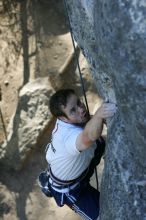 Me top roping Lick the Window (5.10c), shot by Javier Morales from the top of Ack! (5.11b, but using the crack for the start instead) that I top roped up with my camera on my back.  It was another long day of rock climbing at Seismic Wall on Austin's Barton Creek Greenbelt, Sunday, April 5, 2009.

Filename: SRM_20090405_17274989.jpg
Aperture: f/4.5
Shutter Speed: 1/320
Body: Canon EOS-1D Mark II
Lens: Canon EF 80-200mm f/2.8 L