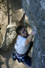 Me top roping Lick the Window (5.10c), shot by Javier Morales from the top of Ack! (5.11b, but using the crack for the start instead) that I top roped up with my camera on my back.  It was another long day of rock climbing at Seismic Wall on Austin's Barton Creek Greenbelt, Sunday, April 5, 2009.

Filename: SRM_20090405_17274990.jpg
Aperture: f/4.5
Shutter Speed: 1/320
Body: Canon EOS-1D Mark II
Lens: Canon EF 80-200mm f/2.8 L