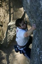 Me top roping Lick the Window (5.10c), shot by Javier Morales from the top of Ack! (5.11b, but using the crack for the start instead) that I top roped up with my camera on my back.  It was another long day of rock climbing at Seismic Wall on Austin's Barton Creek Greenbelt, Sunday, April 5, 2009.

Filename: SRM_20090405_17275092.jpg
Aperture: f/5.6
Shutter Speed: 1/320
Body: Canon EOS-1D Mark II
Lens: Canon EF 80-200mm f/2.8 L