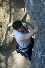 Me top roping Lick the Window (5.10c), shot by Javier Morales from the top of Ack! (5.11b, but using the crack for the start instead) that I top roped up with my camera on my back.  It was another long day of rock climbing at Seismic Wall on Austin's Barton Creek Greenbelt, Sunday, April 5, 2009.

Filename: SRM_20090405_17275397.jpg
Aperture: f/4.5
Shutter Speed: 1/320
Body: Canon EOS-1D Mark II
Lens: Canon EF 80-200mm f/2.8 L