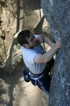 Me top roping Lick the Window (5.10c), shot by Javier Morales from the top of Ack! (5.11b, but using the crack for the start instead) that I top roped up with my camera on my back.  It was another long day of rock climbing at Seismic Wall on Austin's Barton Creek Greenbelt, Sunday, April 5, 2009.

Filename: SRM_20090405_17275399.jpg
Aperture: f/5.0
Shutter Speed: 1/320
Body: Canon EOS-1D Mark II
Lens: Canon EF 80-200mm f/2.8 L