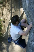 Me top roping Lick the Window (5.10c), shot by Javier Morales from the top of Ack! (5.11b, but using the crack for the start instead) that I top roped up with my camera on my back.  It was another long day of rock climbing at Seismic Wall on Austin's Barton Creek Greenbelt, Sunday, April 5, 2009.

Filename: SRM_20090405_17275501.jpg
Aperture: f/4.5
Shutter Speed: 1/320
Body: Canon EOS-1D Mark II
Lens: Canon EF 80-200mm f/2.8 L