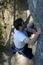 Me top roping Lick the Window (5.10c), shot by Javier Morales from the top of Ack! (5.11b, but using the crack for the start instead) that I top roped up with my camera on my back.  It was another long day of rock climbing at Seismic Wall on Austin's Barton Creek Greenbelt, Sunday, April 5, 2009.

Filename: SRM_20090405_17275502.jpg
Aperture: f/5.0
Shutter Speed: 1/320
Body: Canon EOS-1D Mark II
Lens: Canon EF 80-200mm f/2.8 L