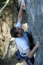 Me top roping Lick the Window (5.10c), shot by Javier Morales from the top of Ack! (5.11b, but using the crack for the start instead) that I top roped up with my camera on my back.  It was another long day of rock climbing at Seismic Wall on Austin's Barton Creek Greenbelt, Sunday, April 5, 2009.

Filename: SRM_20090405_17275605.jpg
Aperture: f/4.0
Shutter Speed: 1/320
Body: Canon EOS-1D Mark II
Lens: Canon EF 80-200mm f/2.8 L