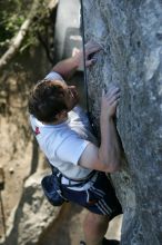 Me top roping Lick the Window (5.10c), shot by Javier Morales from the top of Ack! (5.11b, but using the crack for the start instead) that I top roped up with my camera on my back.  It was another long day of rock climbing at Seismic Wall on Austin's Barton Creek Greenbelt, Sunday, April 5, 2009.

Filename: SRM_20090405_17275810.jpg
Aperture: f/4.5
Shutter Speed: 1/320
Body: Canon EOS-1D Mark II
Lens: Canon EF 80-200mm f/2.8 L