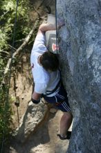 Me top roping Lick the Window (5.10c), shot by Javier Morales from the top of Ack! (5.11b, but using the crack for the start instead) that I top roped up with my camera on my back.  It was another long day of rock climbing at Seismic Wall on Austin's Barton Creek Greenbelt, Sunday, April 5, 2009.

Filename: SRM_20090405_17280917.jpg
Aperture: f/5.0
Shutter Speed: 1/320
Body: Canon EOS-1D Mark II
Lens: Canon EF 80-200mm f/2.8 L