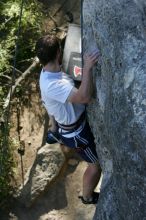 Me top roping Lick the Window (5.10c), shot by Javier Morales from the top of Ack! (5.11b, but using the crack for the start instead) that I top roped up with my camera on my back.  It was another long day of rock climbing at Seismic Wall on Austin's Barton Creek Greenbelt, Sunday, April 5, 2009.

Filename: SRM_20090405_17281524.jpg
Aperture: f/5.0
Shutter Speed: 1/320
Body: Canon EOS-1D Mark II
Lens: Canon EF 80-200mm f/2.8 L