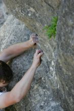 Me top roping Lick the Window (5.10c), shot by Javier Morales from the top of Ack! (5.11b, but using the crack for the start instead) that I top roped up with my camera on my back.  It was another long day of rock climbing at Seismic Wall on Austin's Barton Creek Greenbelt, Sunday, April 5, 2009.

Filename: SRM_20090405_17284133.jpg
Aperture: f/4.0
Shutter Speed: 1/320
Body: Canon EOS-1D Mark II
Lens: Canon EF 80-200mm f/2.8 L