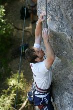 Me top roping Lick the Window (5.10c), shot by Javier Morales from the top of Ack! (5.11b, but using the crack for the start instead) that I top roped up with my camera on my back.  It was another long day of rock climbing at Seismic Wall on Austin's Barton Creek Greenbelt, Sunday, April 5, 2009.

Filename: SRM_20090405_17284536.jpg
Aperture: f/4.0
Shutter Speed: 1/320
Body: Canon EOS-1D Mark II
Lens: Canon EF 80-200mm f/2.8 L