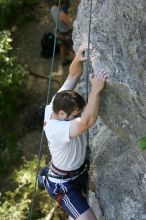 Me top roping Lick the Window (5.10c), shot by Javier Morales from the top of Ack! (5.11b, but using the crack for the start instead) that I top roped up with my camera on my back.  It was another long day of rock climbing at Seismic Wall on Austin's Barton Creek Greenbelt, Sunday, April 5, 2009.

Filename: SRM_20090405_17284638.jpg
Aperture: f/4.0
Shutter Speed: 1/320
Body: Canon EOS-1D Mark II
Lens: Canon EF 80-200mm f/2.8 L