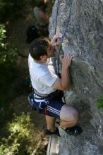 Me top roping Lick the Window (5.10c), shot by Javier Morales from the top of Ack! (5.11b, but using the crack for the start instead) that I top roped up with my camera on my back.  It was another long day of rock climbing at Seismic Wall on Austin's Barton Creek Greenbelt, Sunday, April 5, 2009.

Filename: SRM_20090405_17284739.jpg
Aperture: f/4.5
Shutter Speed: 1/320
Body: Canon EOS-1D Mark II
Lens: Canon EF 80-200mm f/2.8 L