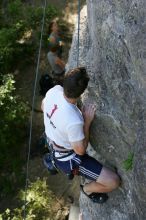 Me top roping Lick the Window (5.10c), shot by Javier Morales from the top of Ack! (5.11b, but using the crack for the start instead) that I top roped up with my camera on my back.  It was another long day of rock climbing at Seismic Wall on Austin's Barton Creek Greenbelt, Sunday, April 5, 2009.

Filename: SRM_20090405_17285141.jpg
Aperture: f/4.5
Shutter Speed: 1/320
Body: Canon EOS-1D Mark II
Lens: Canon EF 80-200mm f/2.8 L