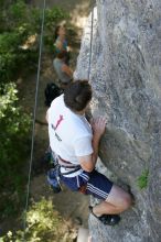 Me top roping Lick the Window (5.10c), shot by Javier Morales from the top of Ack! (5.11b, but using the crack for the start instead) that I top roped up with my camera on my back.  It was another long day of rock climbing at Seismic Wall on Austin's Barton Creek Greenbelt, Sunday, April 5, 2009.

Filename: SRM_20090405_17285142.jpg
Aperture: f/4.0
Shutter Speed: 1/320
Body: Canon EOS-1D Mark II
Lens: Canon EF 80-200mm f/2.8 L