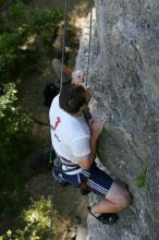 Me top roping Lick the Window (5.10c), shot by Javier Morales from the top of Ack! (5.11b, but using the crack for the start instead) that I top roped up with my camera on my back.  It was another long day of rock climbing at Seismic Wall on Austin's Barton Creek Greenbelt, Sunday, April 5, 2009.

Filename: SRM_20090405_17285143.jpg
Aperture: f/4.5
Shutter Speed: 1/320
Body: Canon EOS-1D Mark II
Lens: Canon EF 80-200mm f/2.8 L