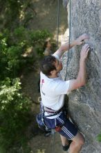 Me top roping Lick the Window (5.10c), shot by Javier Morales from the top of Ack! (5.11b, but using the crack for the start instead) that I top roped up with my camera on my back.  It was another long day of rock climbing at Seismic Wall on Austin's Barton Creek Greenbelt, Sunday, April 5, 2009.

Filename: SRM_20090405_17285344.jpg
Aperture: f/4.0
Shutter Speed: 1/320
Body: Canon EOS-1D Mark II
Lens: Canon EF 80-200mm f/2.8 L