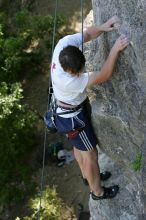 Me top roping Lick the Window (5.10c), shot by Javier Morales from the top of Ack! (5.11b, but using the crack for the start instead) that I top roped up with my camera on my back.  It was another long day of rock climbing at Seismic Wall on Austin's Barton Creek Greenbelt, Sunday, April 5, 2009.

Filename: SRM_20090405_17285947.jpg
Aperture: f/4.5
Shutter Speed: 1/320
Body: Canon EOS-1D Mark II
Lens: Canon EF 80-200mm f/2.8 L