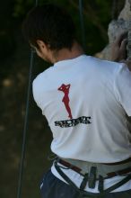 Me top roping Lick the Window (5.10c), shot by Javier Morales from the top of Ack! (5.11b, but using the crack for the start instead) that I top roped up with my camera on my back.  It was another long day of rock climbing at Seismic Wall on Austin's Barton Creek Greenbelt, Sunday, April 5, 2009.

Filename: SRM_20090405_17291253.jpg
Aperture: f/7.1
Shutter Speed: 1/320
Body: Canon EOS-1D Mark II
Lens: Canon EF 80-200mm f/2.8 L