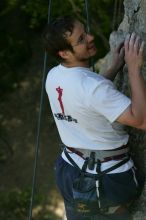 Me top roping Lick the Window (5.10c), shot by Javier Morales from the top of Ack! (5.11b, but using the crack for the start instead) that I top roped up with my camera on my back.  It was another long day of rock climbing at Seismic Wall on Austin's Barton Creek Greenbelt, Sunday, April 5, 2009.

Filename: SRM_20090405_17291354.jpg
Aperture: f/5.6
Shutter Speed: 1/320
Body: Canon EOS-1D Mark II
Lens: Canon EF 80-200mm f/2.8 L