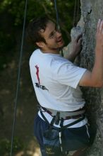 Me top roping Lick the Window (5.10c), shot by Javier Morales from the top of Ack! (5.11b, but using the crack for the start instead) that I top roped up with my camera on my back.  It was another long day of rock climbing at Seismic Wall on Austin's Barton Creek Greenbelt, Sunday, April 5, 2009.

Filename: SRM_20090405_17291355.jpg
Aperture: f/5.6
Shutter Speed: 1/320
Body: Canon EOS-1D Mark II
Lens: Canon EF 80-200mm f/2.8 L