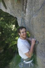 Me top roping Lick the Window (5.10c), shot by Javier Morales from the top of Ack! (5.11b, but using the crack for the start instead) that I top roped up with my camera on my back.  It was another long day of rock climbing at Seismic Wall on Austin's Barton Creek Greenbelt, Sunday, April 5, 2009.

Filename: SRM_20090405_17295272.jpg
Aperture: f/5.0
Shutter Speed: 1/320
Body: Canon EOS-1D Mark II
Lens: Canon EF 80-200mm f/2.8 L