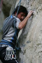 Javier Morales leading up Angel of Poets (5.10a).  It was another long day of rock climbing at Seismic Wall on Austin's Barton Creek Greenbelt, Saturday, April 11, 2009.

Filename: SRM_20090411_12352203.JPG
Aperture: f/4.0
Shutter Speed: 1/250
Body: Canon EOS-1D Mark II
Lens: Canon EF 80-200mm f/2.8 L