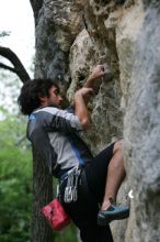 Javier Morales leading up Angel of Poets (5.10a).  It was another long day of rock climbing at Seismic Wall on Austin's Barton Creek Greenbelt, Saturday, April 11, 2009.

Filename: SRM_20090411_12365914.JPG
Aperture: f/5.0
Shutter Speed: 1/250
Body: Canon EOS-1D Mark II
Lens: Canon EF 80-200mm f/2.8 L