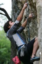 Javier Morales leading up Angel of Poets (5.10a).  It was another long day of rock climbing at Seismic Wall on Austin's Barton Creek Greenbelt, Saturday, April 11, 2009.

Filename: SRM_20090411_12370416.JPG
Aperture: f/5.0
Shutter Speed: 1/250
Body: Canon EOS-1D Mark II
Lens: Canon EF 80-200mm f/2.8 L