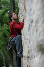 Me top rope climbing Angel of Poets (5.10a), taken by Andrew Dreher.  It was another long day of rock climbing at Seismic Wall on Austin's Barton Creek Greenbelt, Saturday, April 11, 2009.
