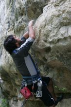 Javier Morales lead climbing Nose Print on the Windshield (5.11c).  It was another long day of rock climbing at Seismic Wall on Austin's Barton Creek Greenbelt, Saturday, April 11, 2009.

Filename: SRM_20090411_13214338.JPG
Aperture: f/4.5
Shutter Speed: 1/60
Body: Canon EOS-1D Mark II
Lens: Canon EF 80-200mm f/2.8 L