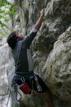 Javier Morales lead climbing Nose Print on the Windshield (5.11c).  It was another long day of rock climbing at Seismic Wall on Austin's Barton Creek Greenbelt, Saturday, April 11, 2009.

Filename: SRM_20090411_13220141.JPG
Aperture: f/2.8
Shutter Speed: 1/320
Body: Canon EOS-1D Mark II
Lens: Canon EF 80-200mm f/2.8 L