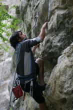 Javier Morales lead climbing Nose Print on the Windshield (5.11c).  It was another long day of rock climbing at Seismic Wall on Austin's Barton Creek Greenbelt, Saturday, April 11, 2009.

Filename: SRM_20090411_13220742.JPG
Aperture: f/2.8
Shutter Speed: 1/400
Body: Canon EOS-1D Mark II
Lens: Canon EF 80-200mm f/2.8 L