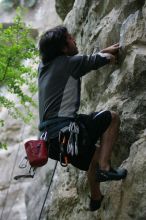 Javier Morales lead climbing Nose Print on the Windshield (5.11c).  It was another long day of rock climbing at Seismic Wall on Austin's Barton Creek Greenbelt, Saturday, April 11, 2009.

Filename: SRM_20090411_13221544.JPG
Aperture: f/2.8
Shutter Speed: 1/400
Body: Canon EOS-1D Mark II
Lens: Canon EF 80-200mm f/2.8 L