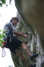 Javier Morales lead climbing Nose Print on the Windshield (5.11c).  It was another long day of rock climbing at Seismic Wall on Austin's Barton Creek Greenbelt, Saturday, April 11, 2009.

Filename: SRM_20090411_13262754.JPG
Aperture: f/2.8
Shutter Speed: 1/500
Body: Canon EOS-1D Mark II
Lens: Canon EF 80-200mm f/2.8 L