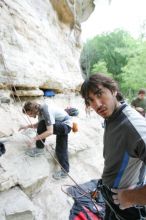 Andrew Dreher lead climbing Magster (5.10a) with Javier Morales belaying.  It was another long day of rock climbing at Seismic Wall on Austin's Barton Creek Greenbelt, Saturday, April 11, 2009.

Filename: SRM_20090411_15272077.JPG
Aperture: f/2.8
Shutter Speed: 1/320
Body: Canon EOS-1D Mark II
Lens: Canon EF 16-35mm f/2.8 L