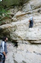 Andrew Dreher lead climbing Magster (5.10a) with Javier Morales belaying.  It was another long day of rock climbing at Seismic Wall on Austin's Barton Creek Greenbelt, Saturday, April 11, 2009.

Filename: SRM_20090411_15292378.JPG
Aperture: f/4.0
Shutter Speed: 1/250
Body: Canon EOS-1D Mark II
Lens: Canon EF 16-35mm f/2.8 L